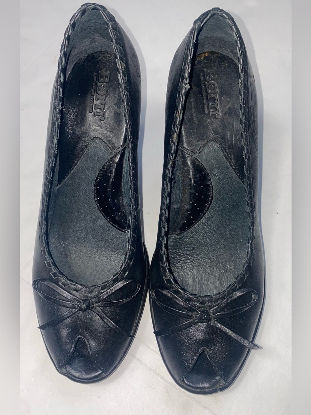 Born Black Leather peep toe pump wedge heels size 9